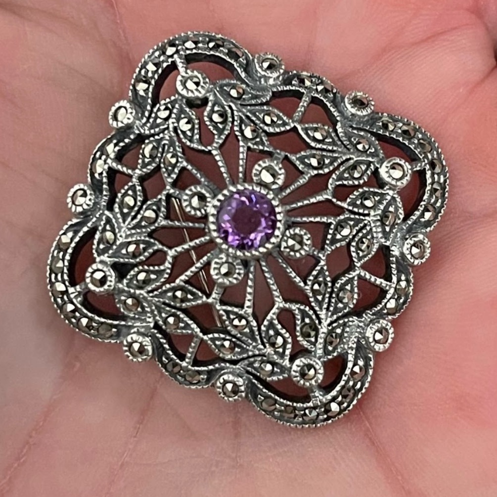 Vintage Judith Jack Reflection 925 Silver Amethyst Marcasite Gem Pin Brooch 42$